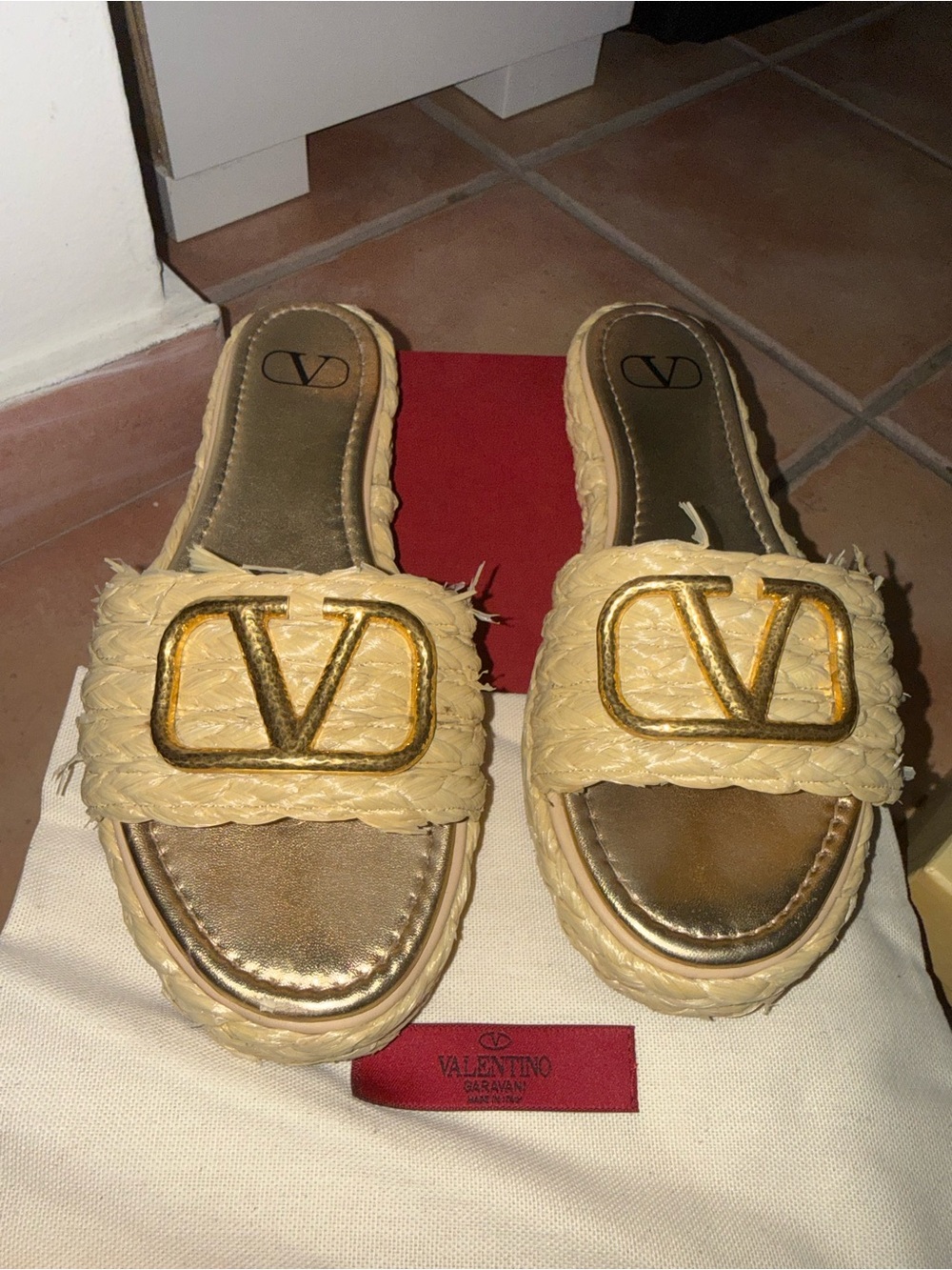Valentino Raffia Slide Mules with Gold V Logo - Beige
